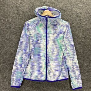 New Balance Jacket Women's XS White Blue Hood Full Zip Long Sleeve Running Sport